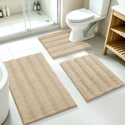 ACCUMTEK 3-Piece Soft Striped Rectangle Chenille Bathroom Rug Set - Stays Put PVC Grip, Absorbent, Plush Texture Shaggy Weave, Machine Washable for Easy Upkeep, Bathroom Accessory, High Pile