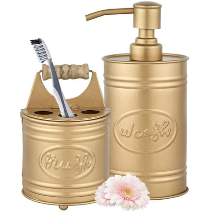 Autumn Alley 2-Piece Galvanized Rustic Bathroom Accessory Set with Soap Dispenser, Toothbrush Brush Holder - Farmhouse Bathroom Accessories Household Bathroom Gadget Bathroom Decor Supplies