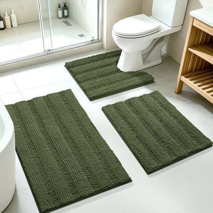 ACCUMTEK 3-Piece Soft Striped Rectangle Chenille Bathroom Rug Set - Stays Put PVC Grip, Absorbent, Plush Texture Shaggy Weave, Machine Washable for Easy Upkeep, Bathroom Accessory, High Pile