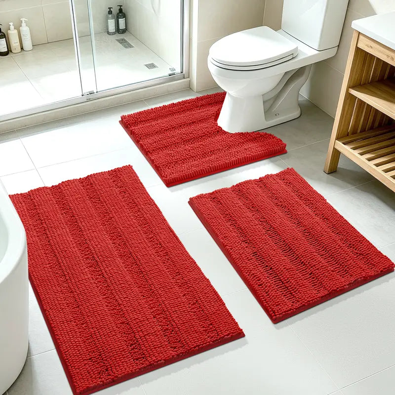 ACCUMTEK 3-Piece Soft Striped Rectangle Chenille Bathroom Rug Set - Stays Put PVC Grip, Absorbent, Plush Texture Shaggy Weave, Machine Washable for Easy Upkeep, Bathroom Accessory, High Pile
