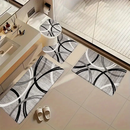 3/4pcs Grey Black White Curved Line Flannel Bathroom Mat Set, Non-Slip Absorbent Bath Rugs, U-Shaped Toilet Cover, Washable Complete Shower Mat Kit
