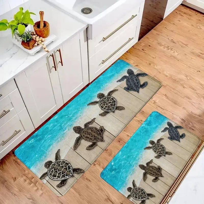 1/2/3pcs Traditional Rectangle Cushioned Anti-Slip Bath Mats - Home Supplies Mat Rug, Turtle Pattern Marine Theme Decor, Soft Comfortable Surface for Fatigue Relief (Bathroom & Kitchen Use)