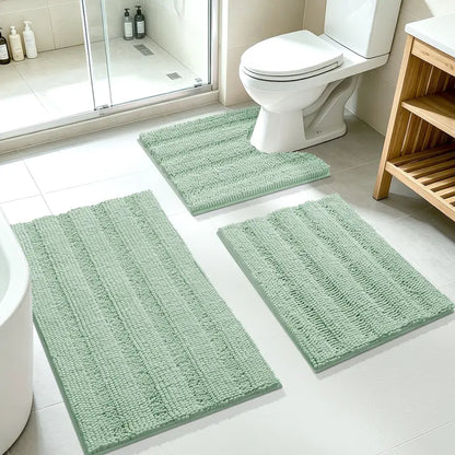 ACCUMTEK 3-Piece Soft Striped Rectangle Chenille Bathroom Rug Set - Stays Put PVC Grip, Absorbent, Plush Texture Shaggy Weave, Machine Washable for Easy Upkeep, Bathroom Accessory, High Pile