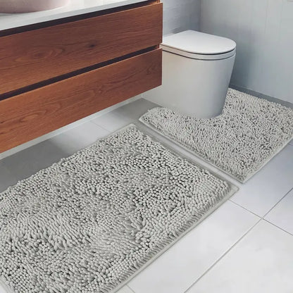 Light Gray Bathroom Mat Set (2-Piece), Synthetic Dense Pile, Super Water Absorbent Quick Dry, Sturdy PVC Base, Non-Slip, Machine Washable, Rectangle for Bathtubs
