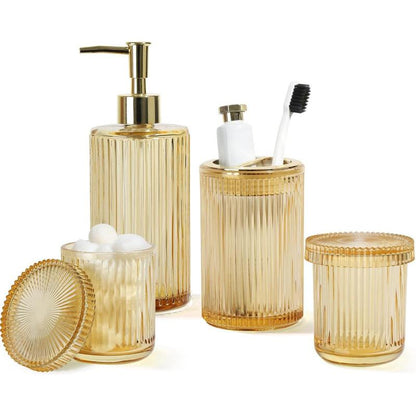 Matte Black Stainless Steel Bathroom Organizer Supplies Set (4-Piece) - Glass Soap Dispenser with Pump, Holder, Qtip Organiser for Modern Home Decor