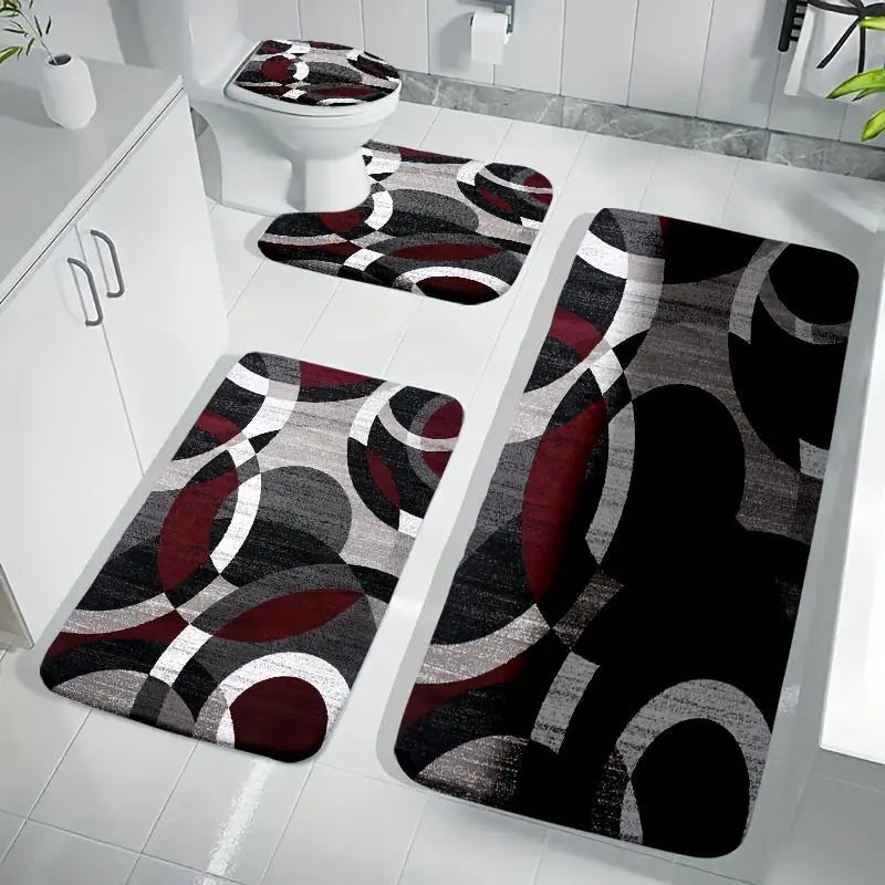 3/4pcs Grey Black White Curved Line Flannel Bathroom Mat Set, Non-Slip Absorbent Bath Rugs, U-Shaped Toilet Cover, Washable Complete Shower Mat Kit