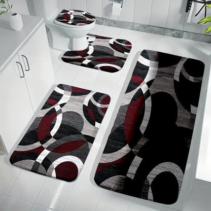 3/4pcs Grey Black White Curved Line Flannel Bathroom Mat Set, Non-Slip Absorbent Bath Rugs, U-Shaped Toilet Cover, Washable Complete Shower Mat Kit