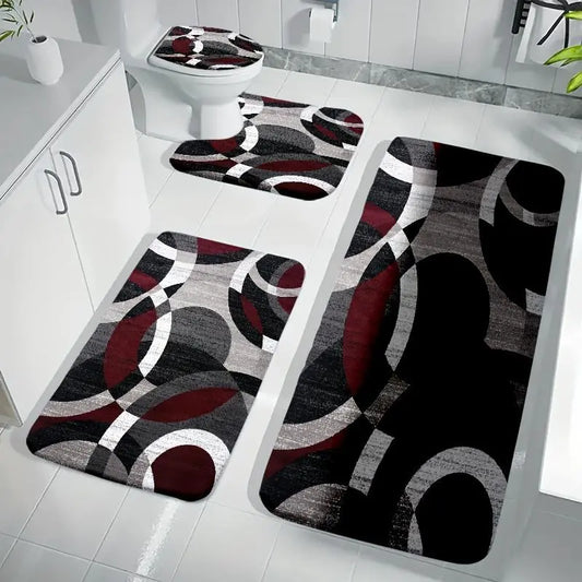 3/4pcs Grey Black White Curved Line Flannel Bathroom Mat Set, Non-Slip Absorbent Bath Rugs, U-Shaped Toilet Cover, Washable Complete Shower Mat Kit