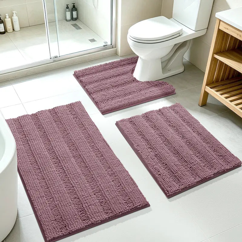 ACCUMTEK Striped Bathroom Rug Set Ultra Soft, Non Slip Chenille Toilet Mat, Absorbent Plush Shaggy Bath Mats for Bathroom, Bedroom, Kitchen