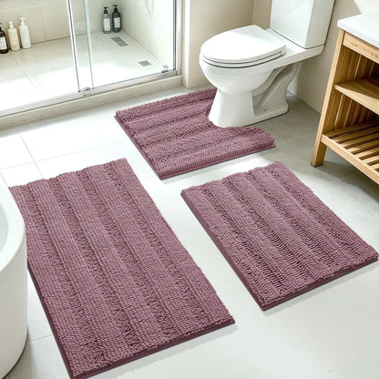 ACCUMTEK Striped Bathroom Rug Set Ultra Soft, Non Slip Chenille Toilet Mat, Absorbent Plush Shaggy Bath Mats for Bathroom, Bedroom, Kitchen