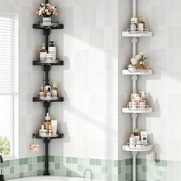 MAONAME 360° Rotating Corner Shower Caddy Tension Pole Organizer - Modern Bathroom Accessory, 4-Tier Adjustable Rustproof Metal Pole, Plastic Shelves with Safety Guardrail, Drainage Keeps Shelves Drier for Organizing Bathroom