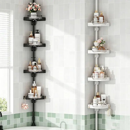 MAONAME 360° Rotating Corner Shower Caddy Tension Pole Organizer - Modern Bathroom Accessory, 4-Tier Adjustable Rustproof Metal Pole, Plastic Shelves with Safety Guardrail, Drainage Keeps Shelves Drier for Organizing Bathroom