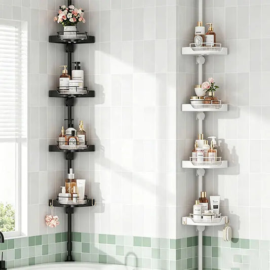 MAONAME 360° Rotating Corner Shower Caddy Tension Pole Organizer - Modern Bathroom Accessory, 4-Tier Adjustable Rustproof Metal Pole, Plastic Shelves with Safety Guardrail, Drainage Keeps Shelves Drier for Organizing Bathroom