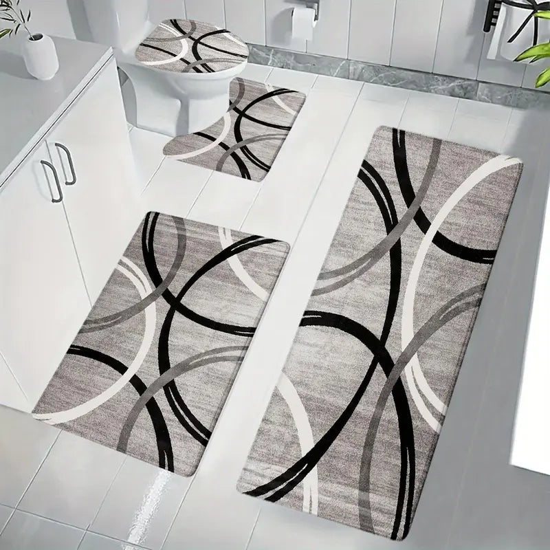 3/4pcs Grey Black White Curved Line Flannel Bathroom Mat Set, Non-Slip Absorbent Bath Rugs, U-Shaped Toilet Cover, Washable Complete Shower Mat Kit