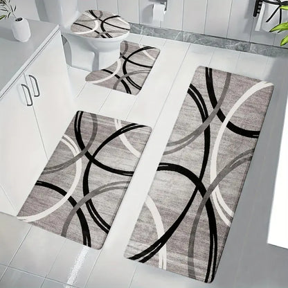 3/4pcs Grey Black White Curved Line Flannel Bathroom Mat Set, Non-Slip Absorbent Bath Rugs, U-Shaped Toilet Cover, Washable Complete Shower Mat Kit