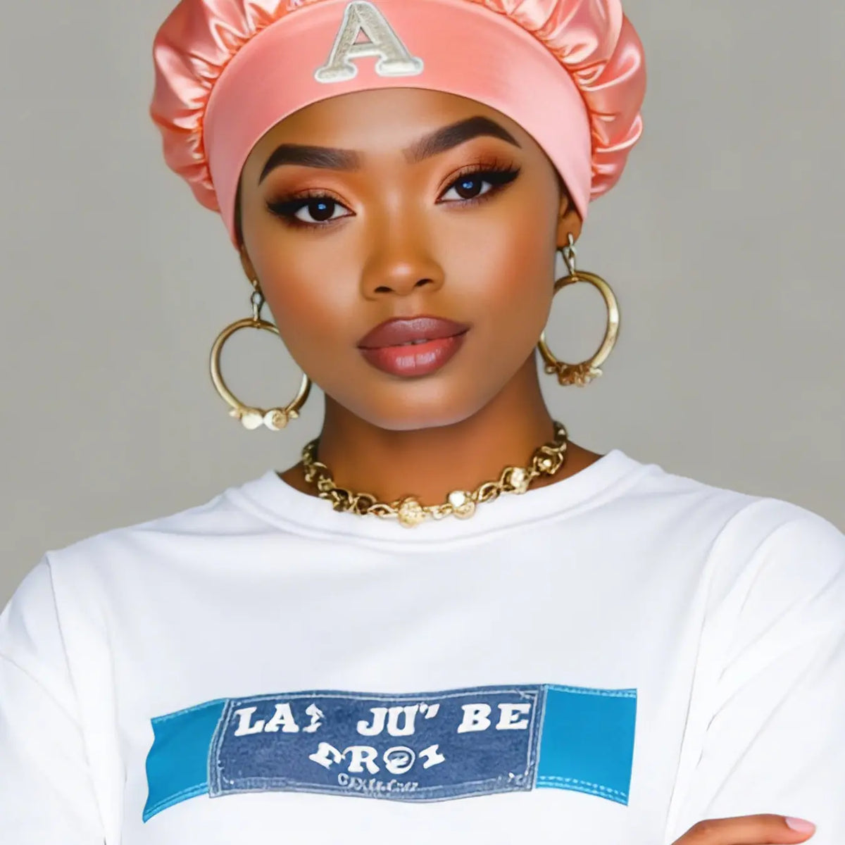 1Pc A - Z Letter Women's Peach Pink Satin Hair Bonnet, Hair Cap, Luxury Shiny Comfortable Head Cover, Hat, Suitable For Daily Hair Care, Home Washing, Nighttime Grooming,SPA Treatments, Home Office