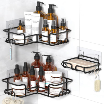 Black Wall-Mounted Steel Shower Organizer Rack Set (2pcs/5pc Black), Bathroom Decor with Tempered Glass Removable Floating Shelves, No-Drill Self-Adhesive Baskets, Hollow Drain, Rustproof Lightweight Easy-Clean Home Bathroom Supplies, Different Sizes