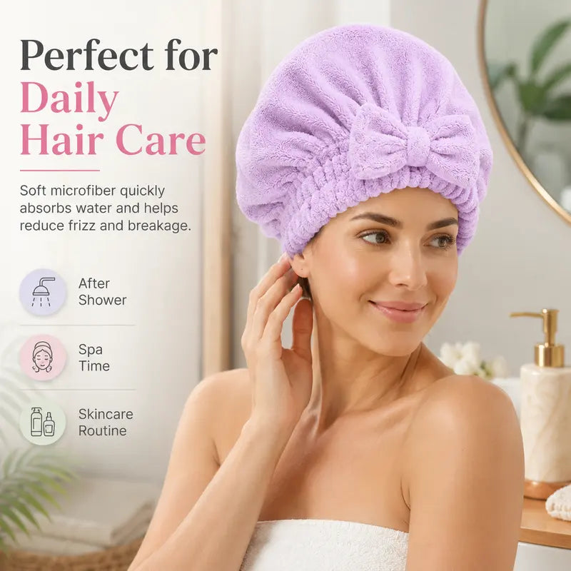 Soft Microfiber Hair Drying Cap for Women – Quick-Dry, Frizz-Free, Elastic Turban with Cute Bow, 4 Color Options for Spa, Shower & Hair Care Routine