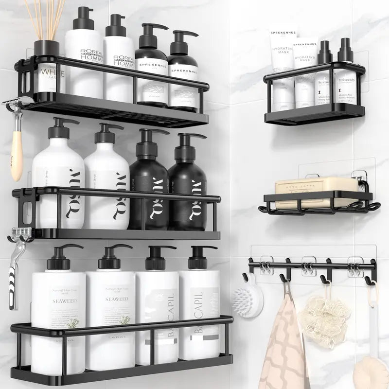 YASONIC  Shower Caddy, 2/5/6 Pack Black bathroom accessories, wall organizer, No Drill Bathroom Shower Organizers With Removable Hooks, Rust Proof Shower Shelves For Inside Shower, free wall mountshower organizer summerwins,home essentials