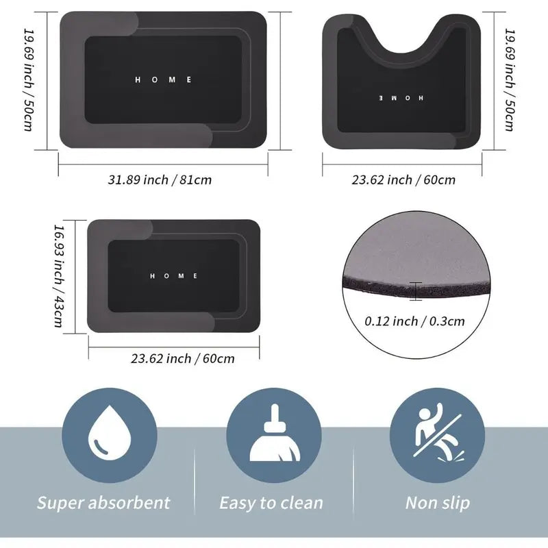 3PCS Multi-Piece Set Bathroom Rug Sets - Nonslip Diatomite-TRP Rectangle Rubber Backing Bath Mats, Durable, Water-Absorbent, Quick-Dry for Indoor Bathroom Home Supplies, Water Absorbent Bathmat