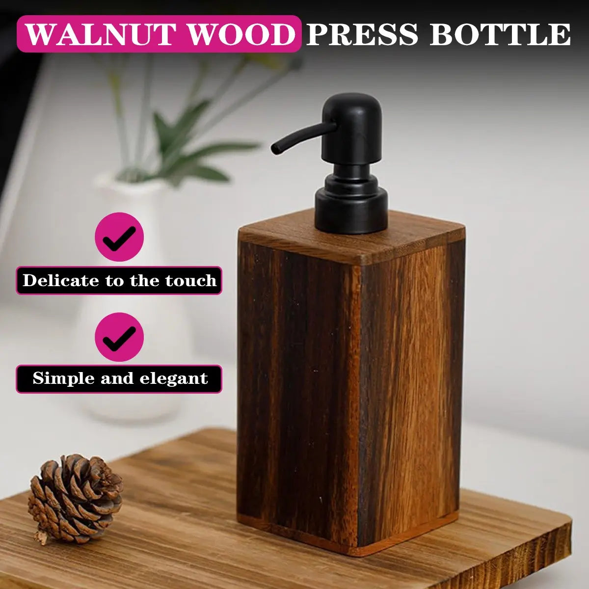 Solid Wood Soap Dispenser with Pump, 7/14oz Walnut Wood Refillable Hand Soap Pump, Lotion Dispenser, Wooden Bathroom & Kitchen Accessories, Bathroom Gadgets, Bathroom Accessory