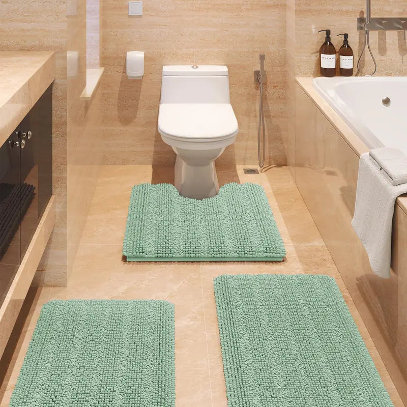 Comfydew Striped 3-Piece Non-Slip Chenille Bathroom Rug Set, Non-Slip PVC Backing Adds Safety, Ultra Soft Deep Pile Soak Absorbent Shaggy Mats for Bathroom Floor, Bedroom