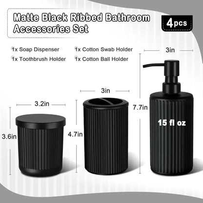 Matte Black Stainless Steel Bathroom Organizer Supplies Set (4-Piece) - Glass Soap Dispenser with Pump, Holder, Qtip Organiser for Modern Home Decor