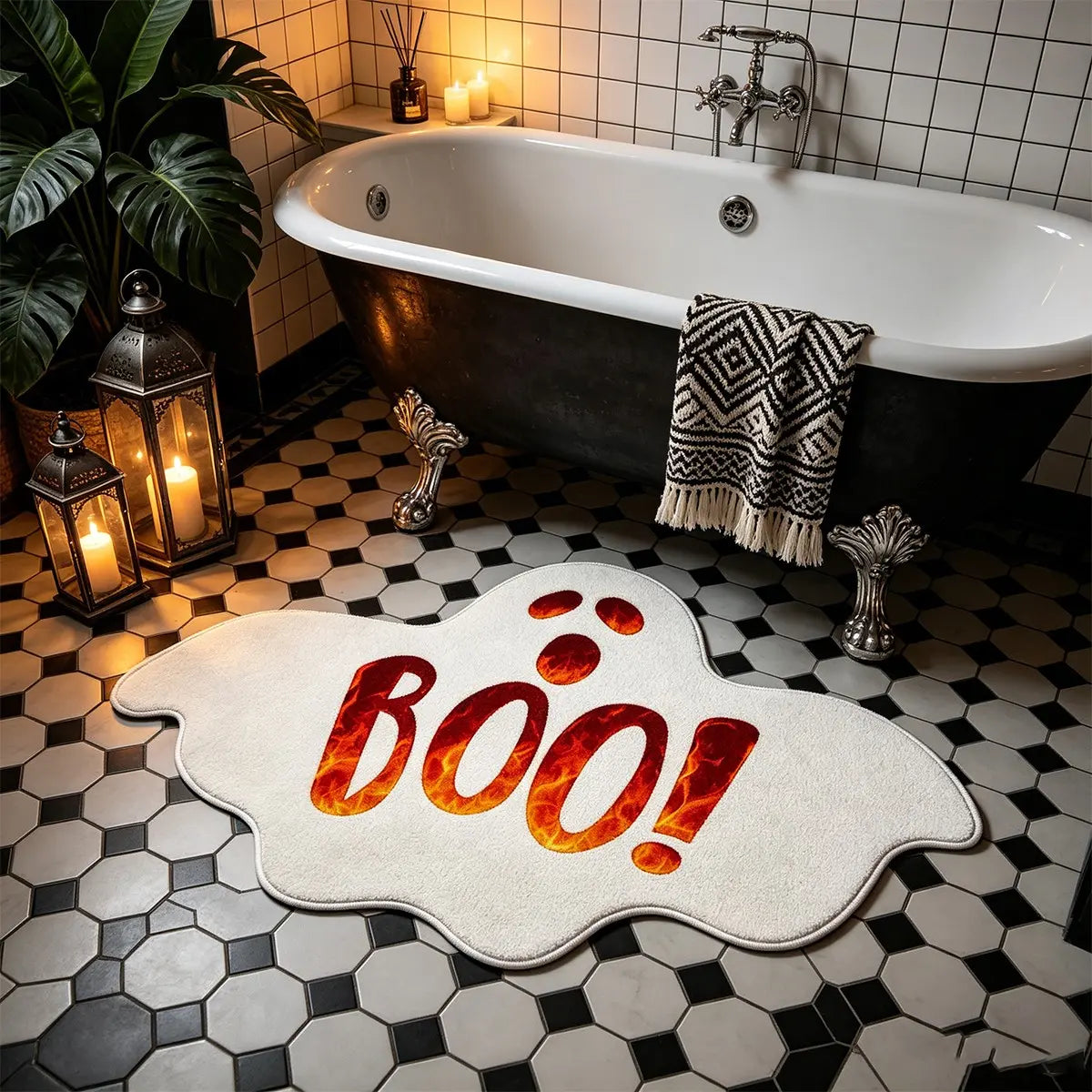 1pc Halloween Bathroom Rug - BOO Flame Letter Cute Ghost Mat, Irregular Shape, Soft and Comfortable Non-Slip Mat, Machine Washable, Halloween Decor Rug, Halloween Gift, Bedroom Bedside Mat, Halloween Atmosphere Home Decor