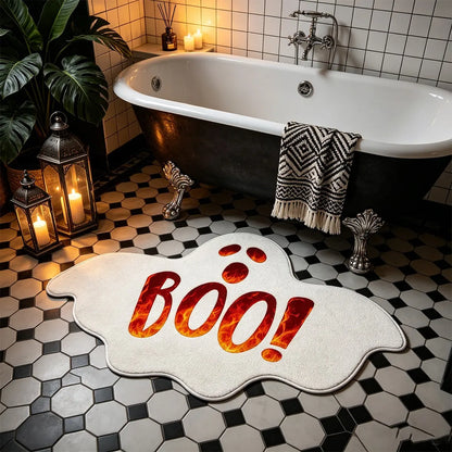 1pc Halloween Bathroom Rug - BOO Flame Letter Cute Ghost Mat, Irregular Shape, Soft and Comfortable Non-Slip Mat, Machine Washable, Halloween Decor Rug, Halloween Gift, Bedroom Bedside Mat, Halloween Atmosphere Home Decor
