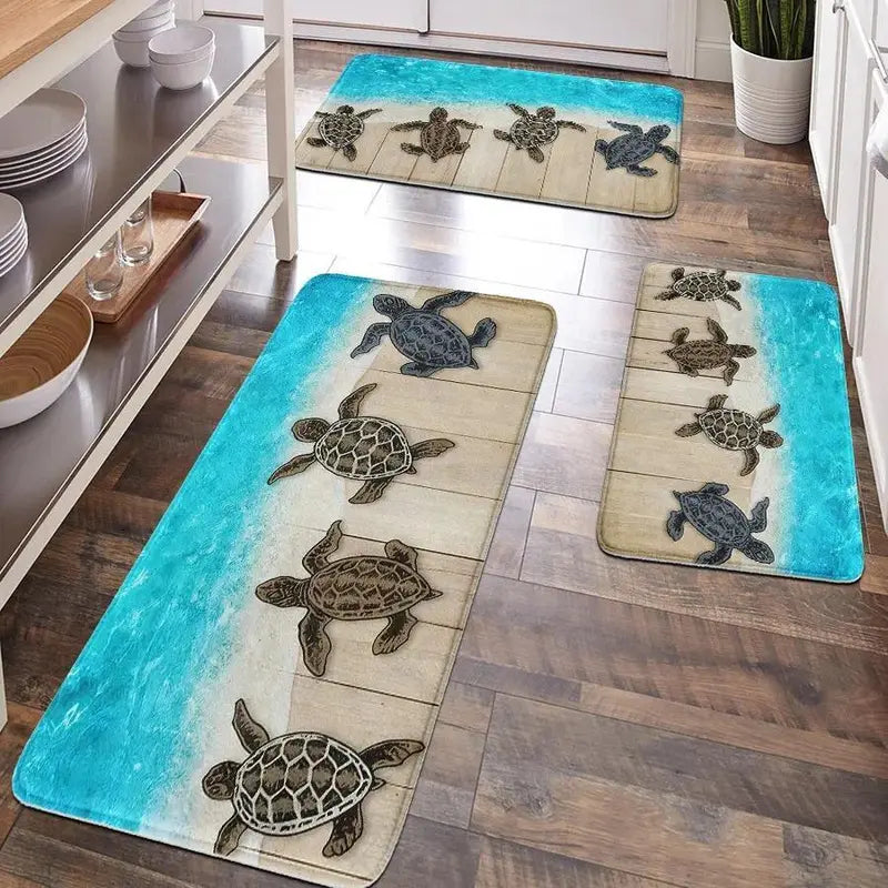 1/2/3pcs Traditional Rectangle Cushioned Anti-Slip Bath Mats - Home Supplies Mat Rug, Turtle Pattern Marine Theme Decor, Soft Comfortable Surface for Fatigue Relief (Bathroom & Kitchen Use)