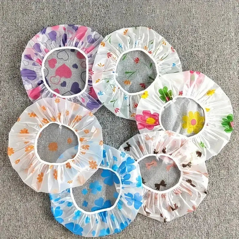 Women's 4-Piece Reusable Printed Shower Caps Set - Adjustable Elastic Bands, Polyester, Waterproof, Portable Bathroom Accessory for Adults, Spa Bathrooms