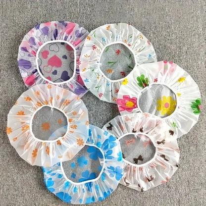 Women's 4-Piece Reusable Printed Shower Caps Set - Adjustable Elastic Bands, Polyester, Waterproof, Portable Bathroom Accessory for Adults, Spa Bathrooms