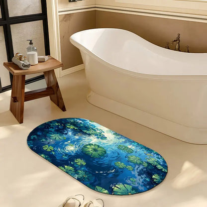 Monet Style Water Lily Pond & Ripple Absorbent Diatomaceous Earth Oval Bath Mat Non Slip Rubber Backed Fast Dry Shower Mat Thin Bathroom Rugs Floor Mat