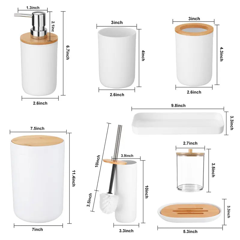 9PCS Durable Multifunctional Plastic Bathroom Sets Full Set - Lightweight Home Accessory Kit for RV, Apartment - Trash Can, Toilet Brush, Toothbrush Holder, Lotion Dispenser, Soap Dish, Cup, Vanity Tray, Qtip Holder - Ideal Dorm Gift