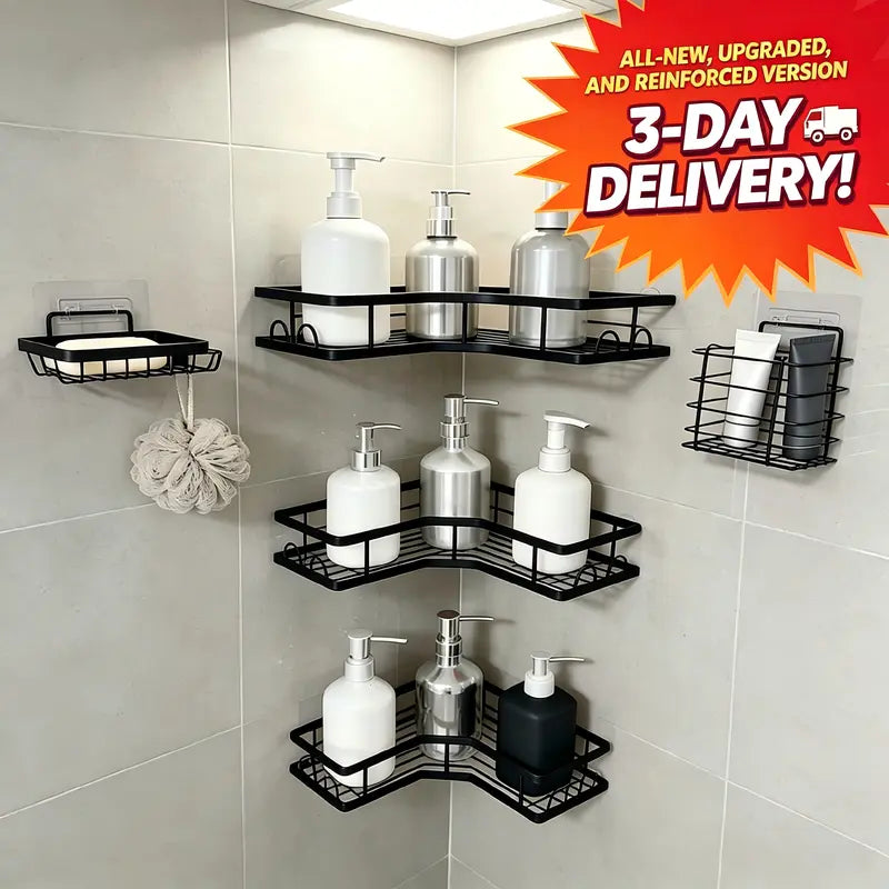 5-Piece Rustproof Stainless Steel Bathroom Organizer Set, No-Drill Self-Adhesive Shower Organizer with Holder & Shelf for Shampoo & Body Wash, Renter-Friendly Bathroom Accessory with Easy Installation