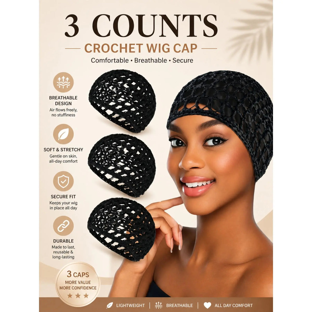 3 Counts Hollow Out Crochet Hair Net Caps, Stretchy Breathable Hair Wraps for Women, Ideal for Face Cleansing, Styling & Salon Use