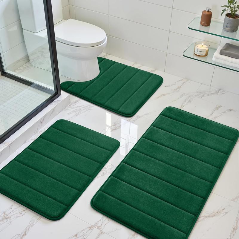 Black Polyester 3-Piece Bathroom Rug Combo Set - Thick, Slip-Safe PVC, Stable PVC Backing, Extra Soft, Absorbent, Machine Washable, 20"x24" Rectangular Bathroom Floor Mat, U-Shaped Toilet Area Cover, Synthetic Memory Foam
