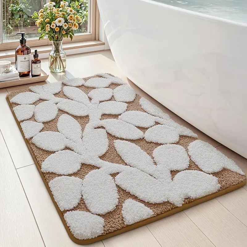 DEXI Traditional Rectangle Bathroom Rug Set - 20x32in Cozy Microfiber Bath Mat with Anti-Slip Pad, Highly Absorbent, Stops Floor Bunching, Durable, Cold-Washable, Easy-Clean, Quick-Dry (Prints: Green Leaf/Pink Flower/Beige)