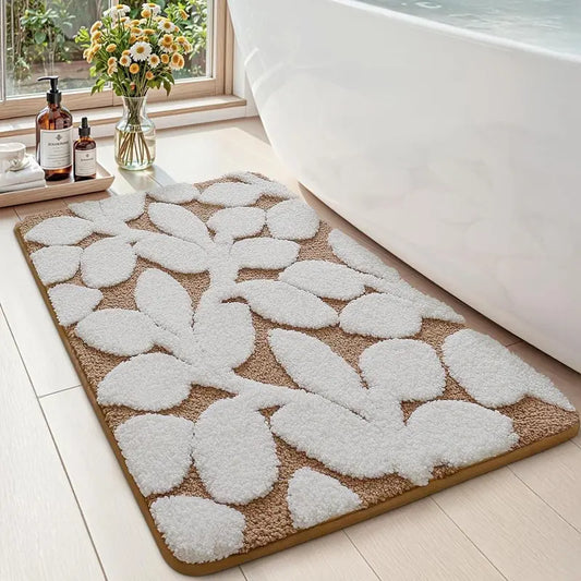 DEXI Traditional Rectangle Bathroom Rug Set - 20x32in Cozy Microfiber Bath Mat with Anti-Slip Pad, Highly Absorbent, Stops Floor Bunching, Durable, Cold-Washable, Easy-Clean, Quick-Dry (Prints: Green Leaf/Pink Flower/Beige)