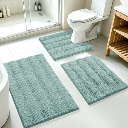 ACCUMTEK 3-Piece Soft Striped Rectangle Chenille Bathroom Rug Set - Stays Put PVC Grip, Absorbent, Plush Texture Shaggy Weave, Machine Washable for Easy Upkeep, Bathroom Accessory, High Pile