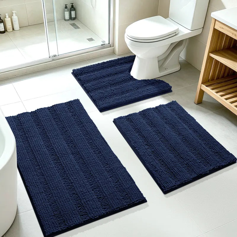 ACCUMTEK Striped Bathroom Rug Set Ultra Soft, Non Slip Chenille Toilet Mat, Absorbent Plush Shaggy Bath Mats for Bathroom, Bedroom, Kitchen