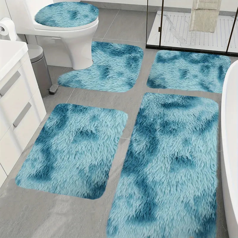 5pcs Bathroom Rugs Combo Set - Bathroom Accessory with Rectangle Toilet Cover, U-Shaped Contour Mat, Synthetic Water Absorbent Bathmat, Slip-Safe Footing, Washable Rug, Easy Daily Care for Bathtub/Shower (Black)