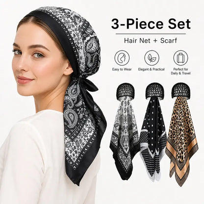 3PCS Wrap Cap Hair Net with Scarf 2in 1 Hair Wrap Cap Bonnet for Women Shower Hat for Silk Press Curly Braided