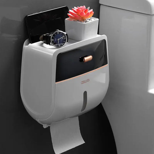 KZMYR Self-Adhesive Wall-Mounted ABS Plastic Tissue Holder - No-Drill Minimalist Bathroom Accessory with Shelf, Discreet Drawer, Private Storage, Shelf for Smalls, Dispenses Paper, Stores More, Fits 3 Paper Types, Fast Shipping, Reliable After-Sales