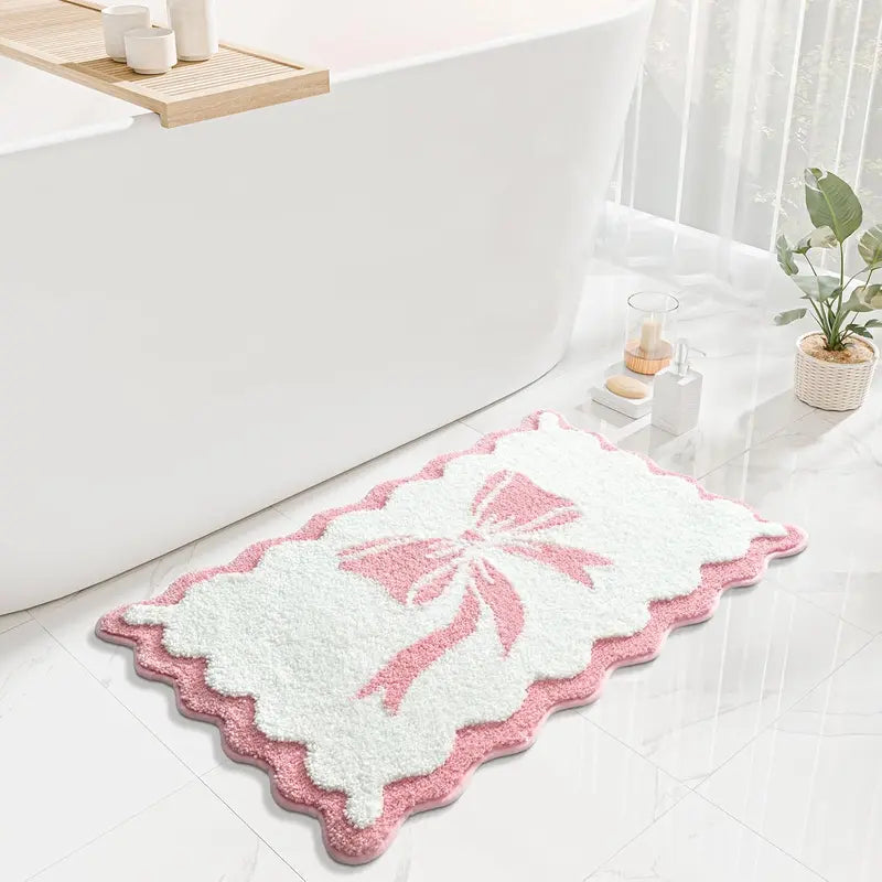 Pink and White Scalloped Edge Microfiber Pet Bath Mat - 18x25 in Rubber Slip-Resistant Bathroom Rug, Soft, Super Absorbent, Quick Drying, Machine Washable Dog & Cat Training Aid (Bow-Center Mother’s Day Gift)