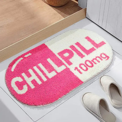 Cozy Non-Slip Oval Chill Pill Bath Mat, Pink Cute Shaped Plush Absorbent Washable Bathroom Rug for Bathtub, Preppy Bathroom Decor