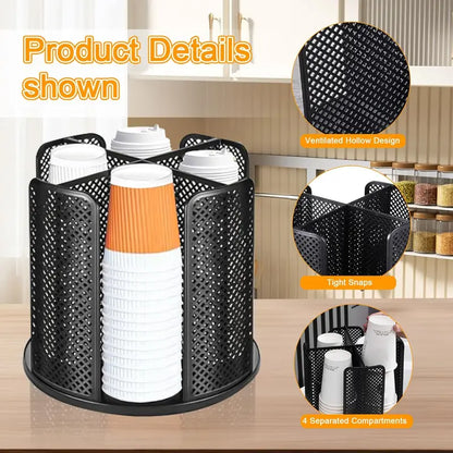 Coffee Cup Dispenser, Disposable Paper Cup and Lid Holder 360° Rotatable with 4 Compartments,Can Stacking 3-16oz Cups and Lid Holder for Coffee Shop,Home Countertop,Office,Restaurant,Kitchen