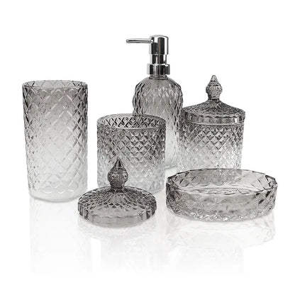 5-Pcs Green Glass Bath Accessory Kit - Vanity Countertop Organizer with Hand Soap Dispenser, Soap Dish, Toothbrush Holder, Jar, Bathroom Decoration Accessories, Vanity Decor, Green Cozy Ambiance, Mother's Day Housewarming Gift Set
