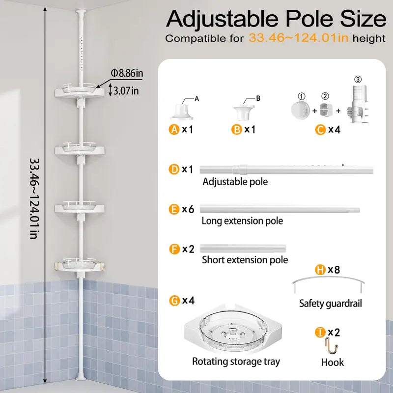 MAONAME 360° Rotating Corner Shower Caddy Tension Pole Organizer - Modern Bathroom Accessory, 4-Tier Adjustable Rustproof Metal Pole, Plastic Shelves with Safety Guardrail, Drainage Keeps Shelves Drier for Organizing Bathroom