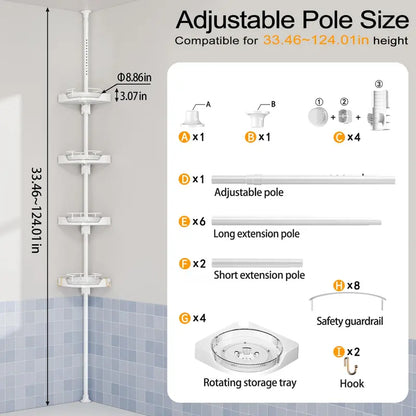MAONAME 360° Rotating Corner Shower Caddy Tension Pole Organizer - Modern Bathroom Accessory, 4-Tier Adjustable Rustproof Metal Pole, Plastic Shelves with Safety Guardrail, Drainage Keeps Shelves Drier for Organizing Bathroom